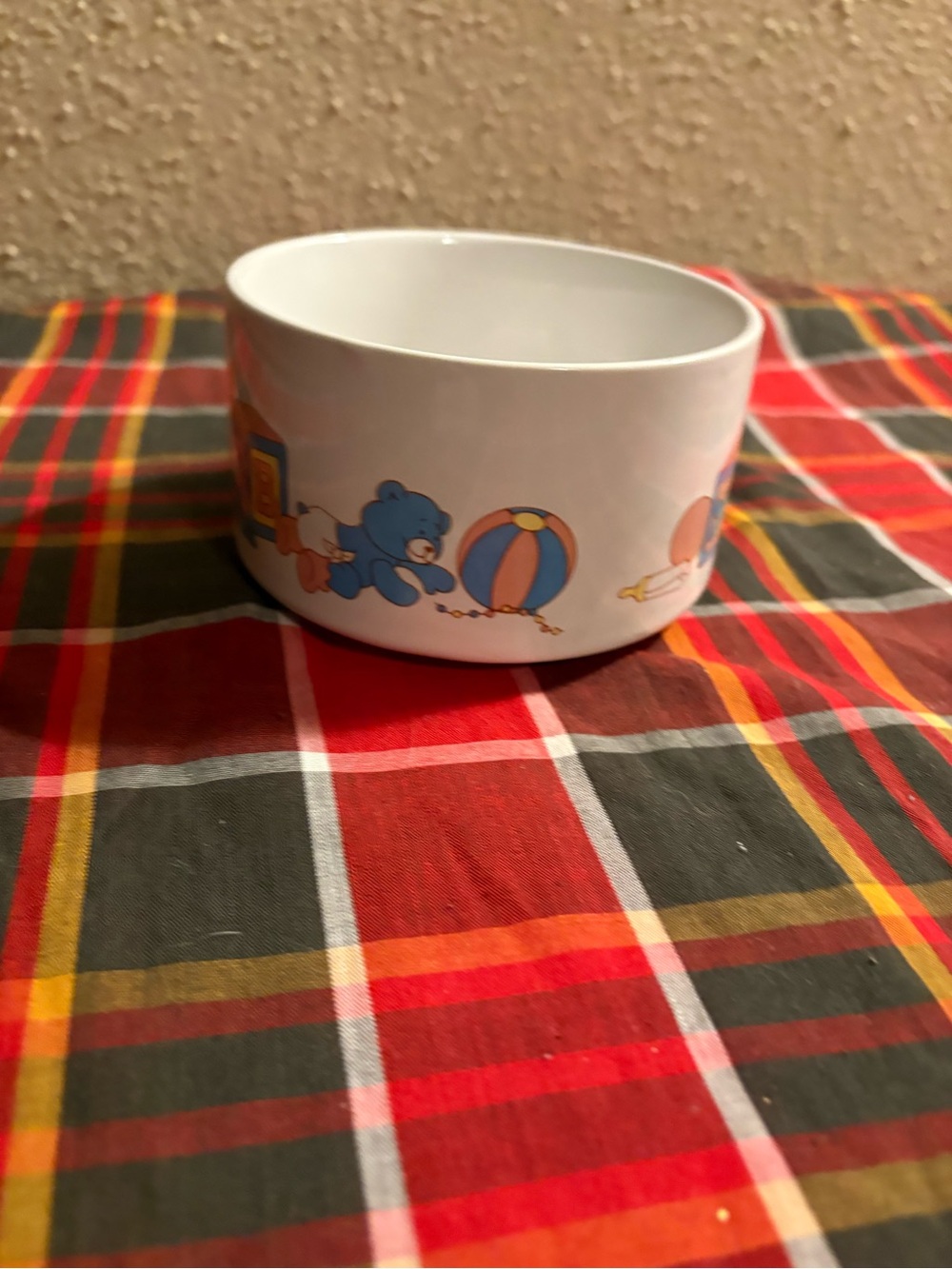 White Ceramic Kids Bowl with Blue Bear and Ball Design